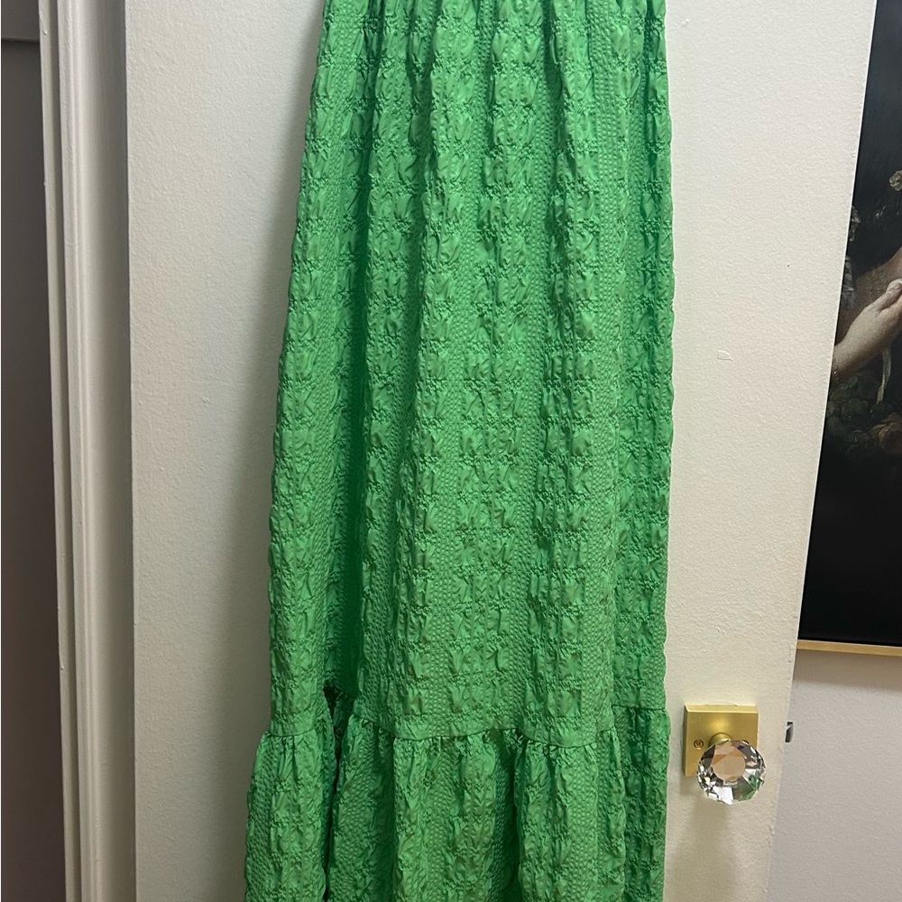 Zara Green Bubble Maxi Skirt with Ruched Tiered Design